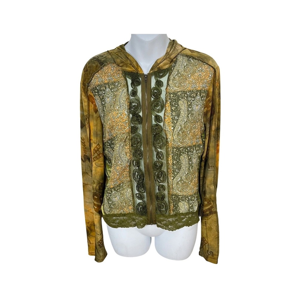 Piano Zip Up Hoodie Women M Green Paisley Rosette Lace Trim Fairy Y2K